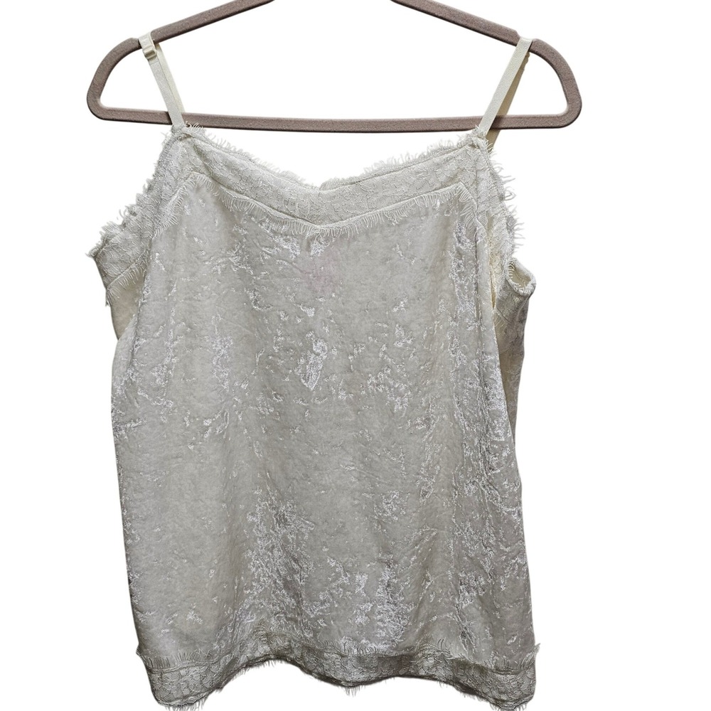 Y2K Cream Crushed Velvet Lace Eyelash Cami TankTop XL Coquette Night Out Dainty